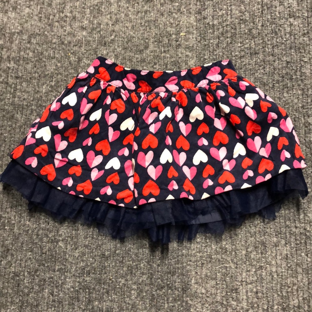 Gymboree corduroy hearts skirt with ruffle, blue, red and pink- 2T